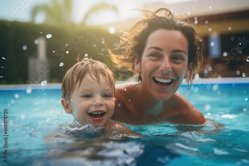 close-up Happy mothers with young son swim in a pool of warm clear water on vacation. Satisfied child learns to swim with his mother in the pool