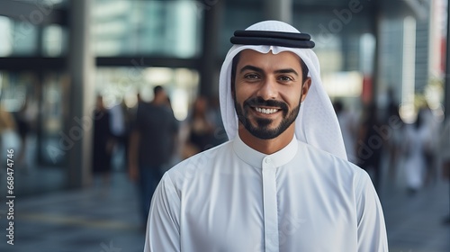 Fotografia Arab middle-eastern man wearing emirati kandora traditional clothing in the city - Arabian muslim businessman strolling in urban business centre