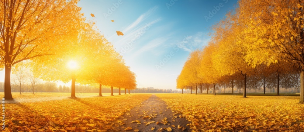Sunny park in autumn with falling leaves and clear blue sky