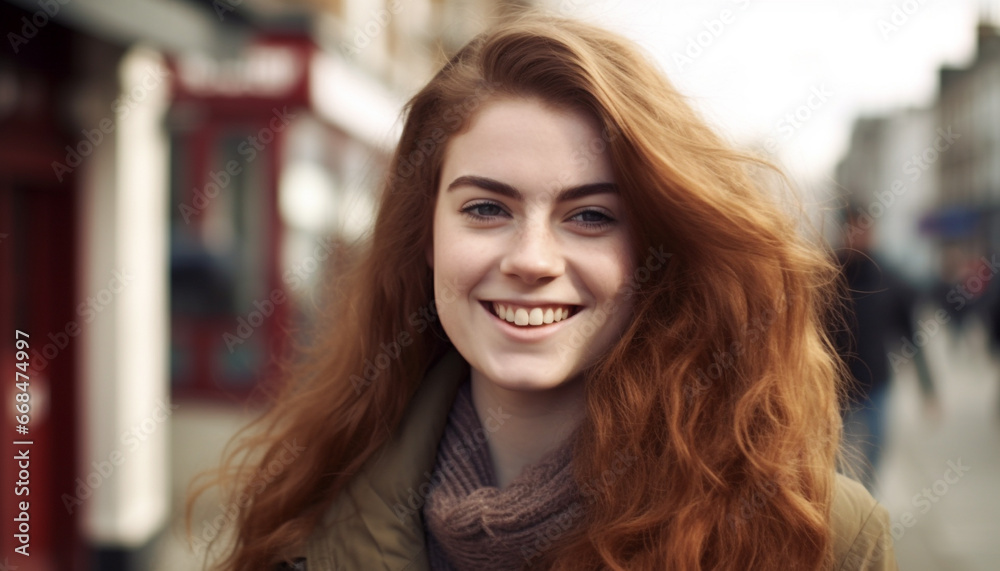 Smiling young woman, outdoors, looking at camera, confident and happy generated by AI Smiling young woman, outdoors, looking at camera, confident and happy generated by AI
