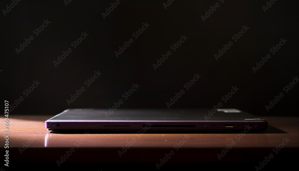 A modern computer monitor on a wooden desk, wireless technology generated by AI A modern computer monitor on a wooden desk, wireless technology generated by AI