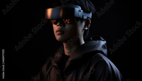 One man looking at camera, serious, wearing smart glasses generated by AI © Stockgiu