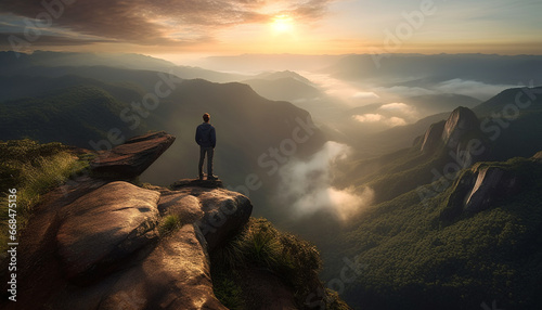 Men hiking mountain peak, experiencing adventure, success in nature beauty generated by AI