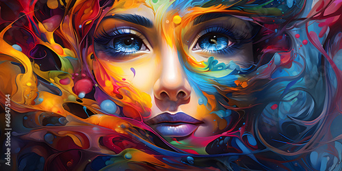 Colorful Face Painting Masterpiece,,, Living Artwork Woman with Painted Colors Generative Ai