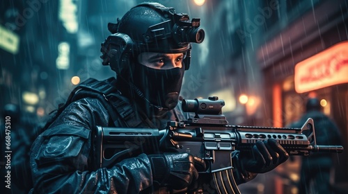 Group of special forces soldier with gun is working in night city.