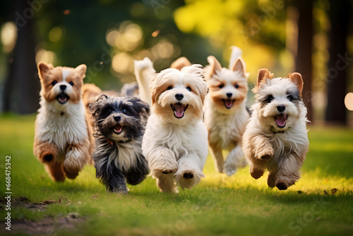 Group of cute funny dogs running and jumping Playing on the green grass in the park in the evening