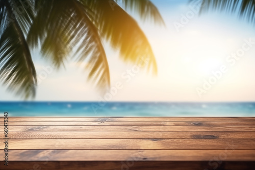 Top of wooden table with sea view and palm trees for displaying products.