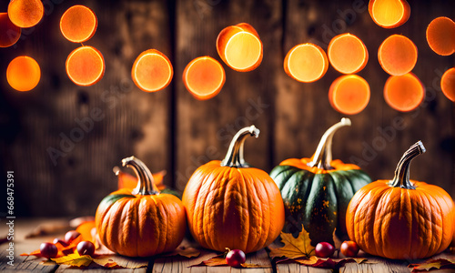 Mini Thanksgiving Pumpkins and Leaves Adorning a Rustic Wooden Table with Warm Lights and Bokeh on a Wood Background - A Cozy Thanksgiving and Harvest Concept