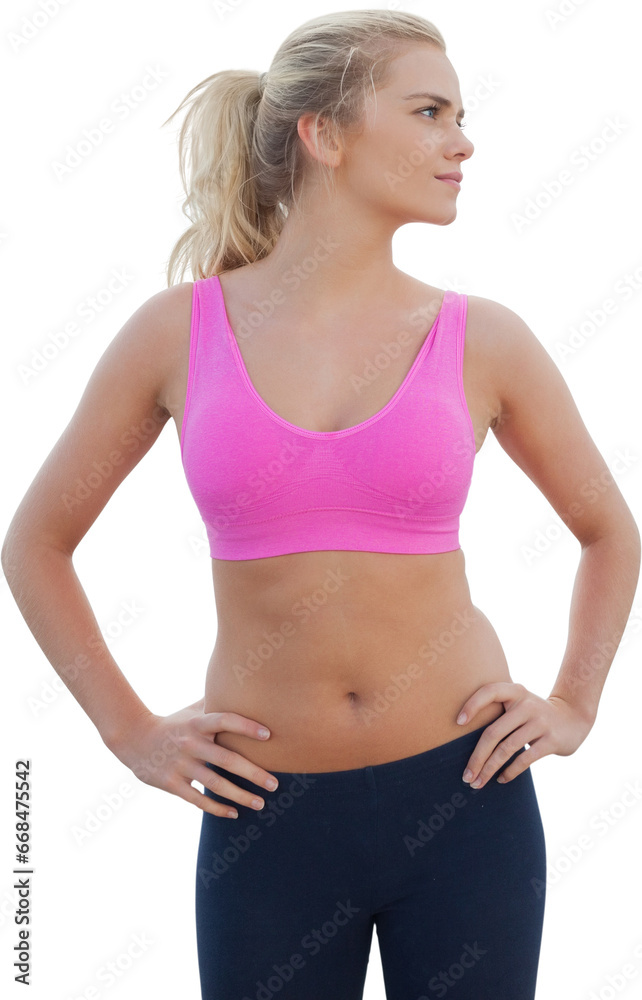 Digital png photo of caucasian woman wearing sports clothes on transparent background Digital png photo of caucasian woman wearing sports clothes on transparent background