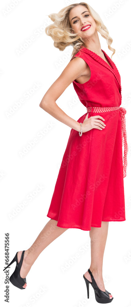 Digital png photo of happy caucasian woman wearing red dress on transparent background Digital png photo of happy caucasian woman wearing red dress on transparent background