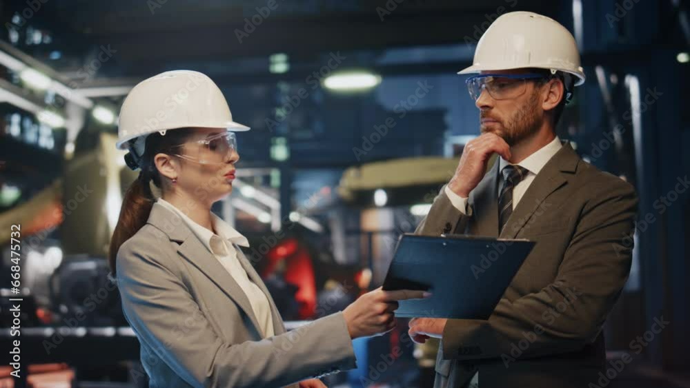 Two partners inspecting production heavy industrial factory in helmets close up.