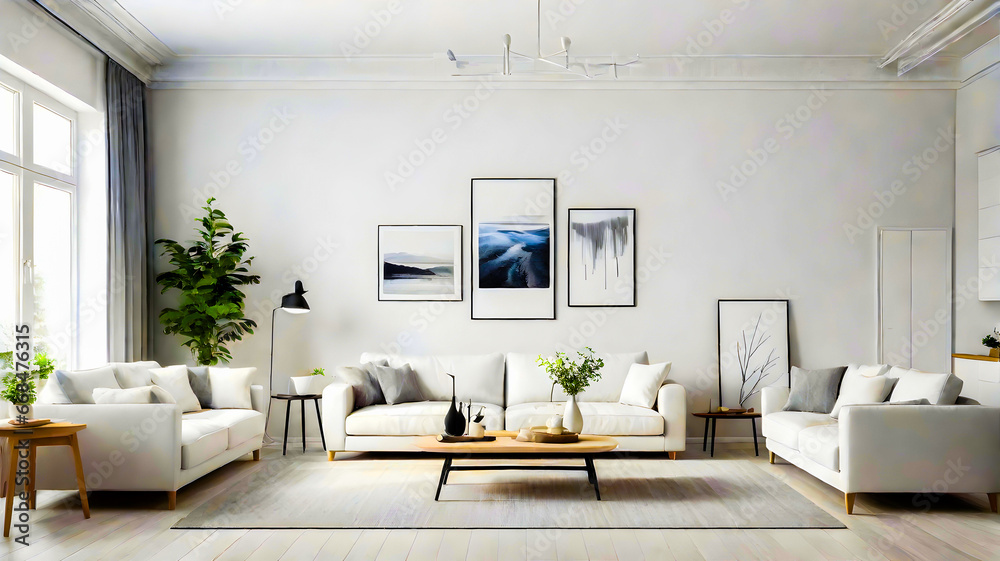 Fototapeta premium modern living room concept, new technology, White scandinavian interior design with sofa, copy space