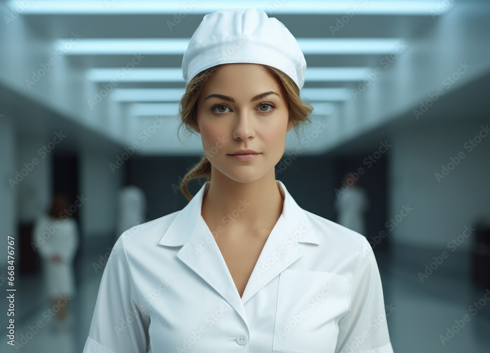 Woman wearing doctor white clothes and a cap at hospital. Woman wearing doctor white clothes and a cap at hospital.