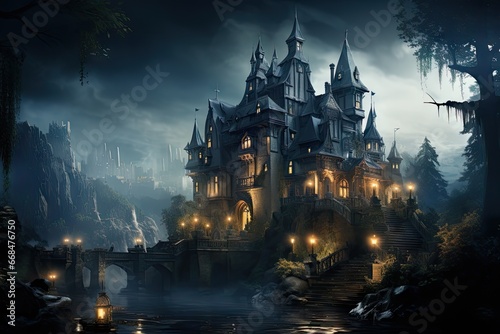 vampire Castle with a landscape of trees  foggy  in the night  photorealistic by Generative AI
