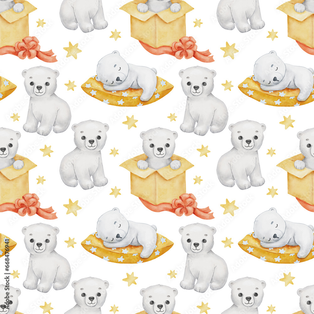 Fototapeta premium Seamless pattern with cute polar baby bear in different poses. Watercolor cartoon hand drawn childish pattern for kids or newborn. Funny little animal on white background