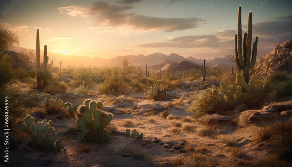 Sunset over a desert landscape, mountains and cacti in view generated by AI