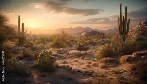 Sunset over a desert landscape  mountains and cacti in view generated by AI