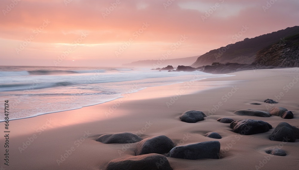 Tranquil sunset over the coastline, nature beauty reflected in water generated by AI