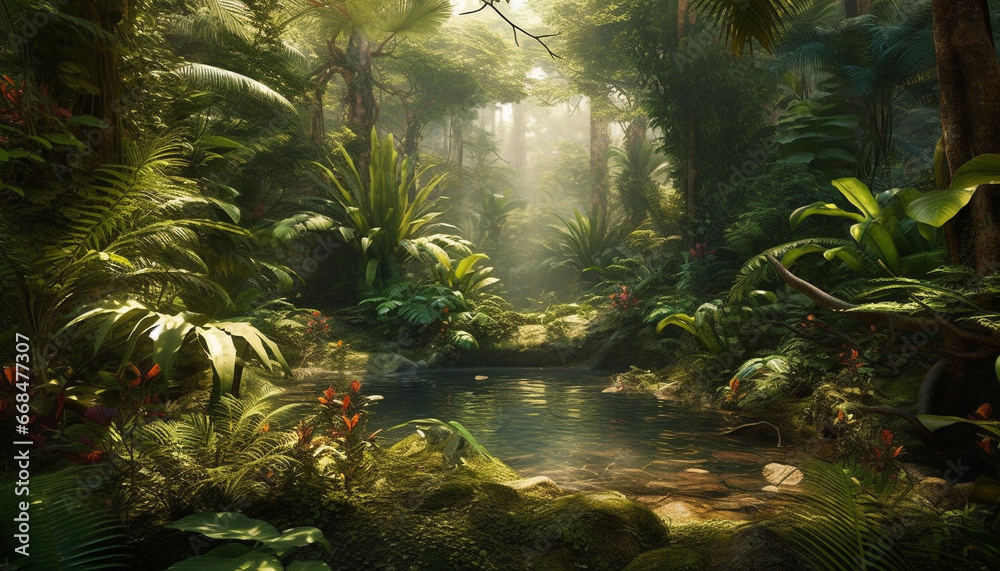 Tranquil scene of a tropical rainforest, lush with green foliage generated by AI Tranquil scene of a tropical rainforest, lush with green foliage generated by AI