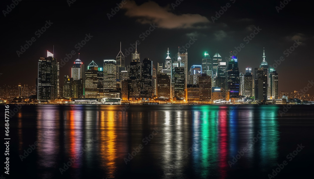 Night skyline illuminates the famous cityscape with vibrant colors generated by AI