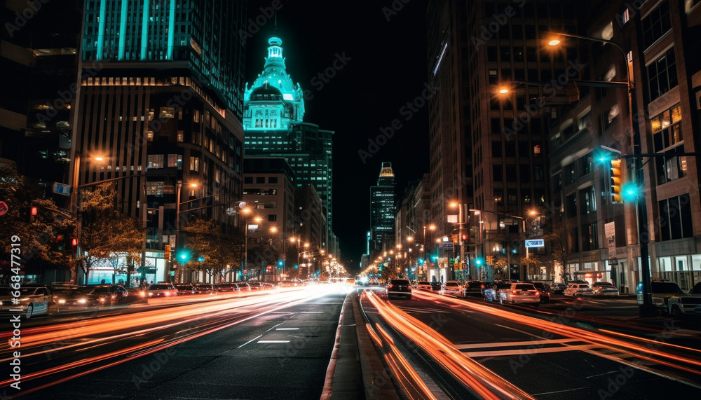 Nighttime cityscape with illuminated skyscrapers and blurred motion of traffic generated by AI