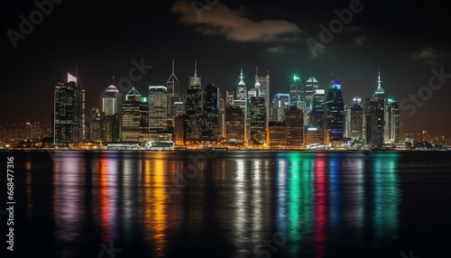 Night skyline illuminates the famous cityscape with vibrant colors generated by AI