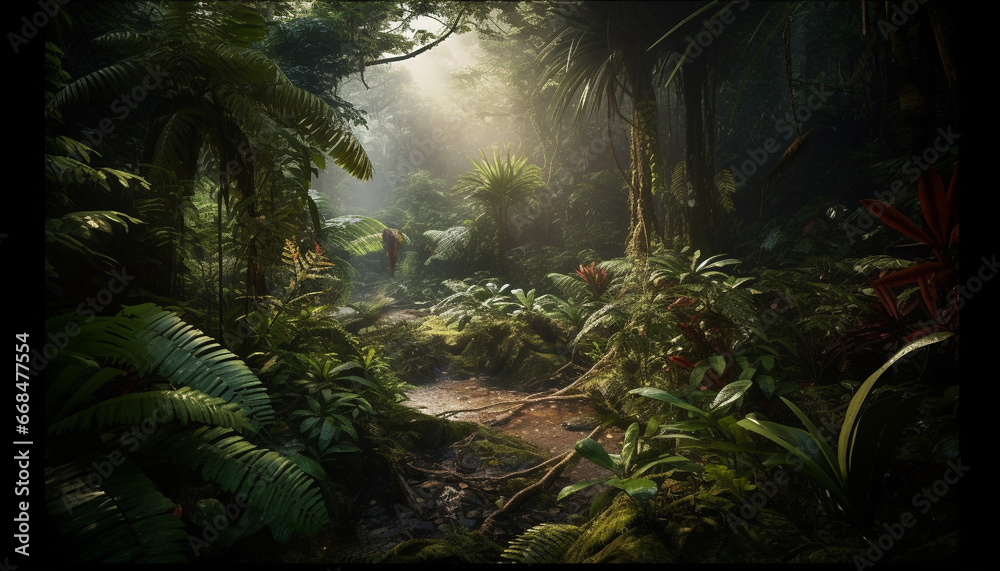 The green forest reveals a tropical rainforest mysterious beauty generated by AI