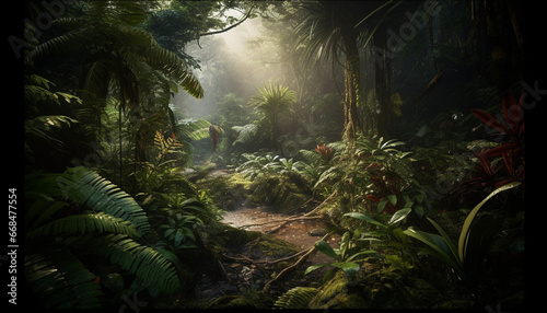 The green forest reveals a tropical rainforest mysterious beauty generated by AI