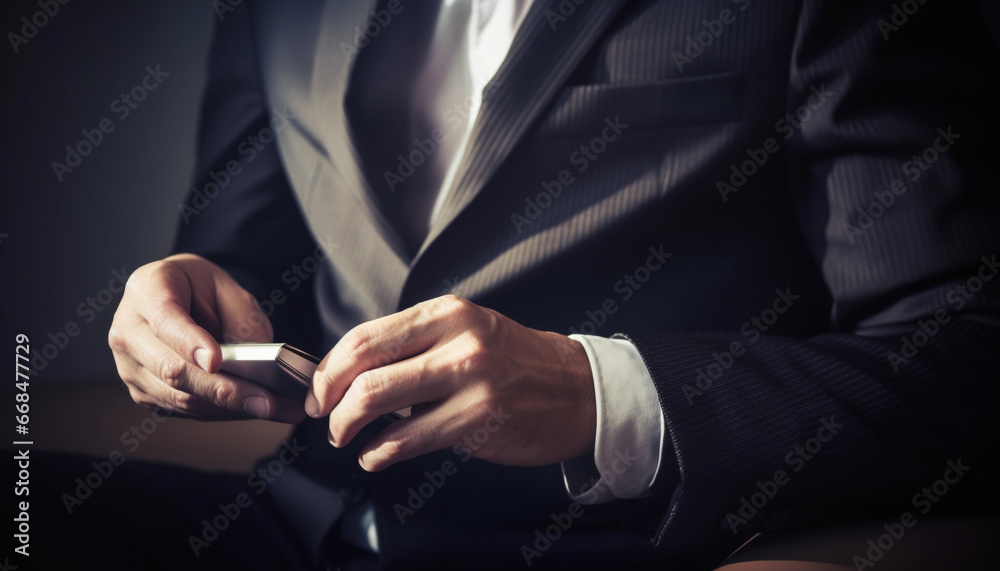 Successful businessman holding a wedding ring, exuding confidence and elegance generated by AI