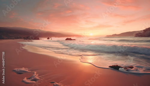 Sunset over the tranquil coastline, waves crashing on sandy shores generated by AI