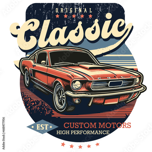 car illustration classic automobile color red, wheels, vintage style, art design retro composition
