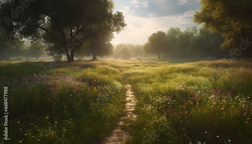 Beautiful meadow with colorful flowers  trees  and a stunning sunset generated by AI