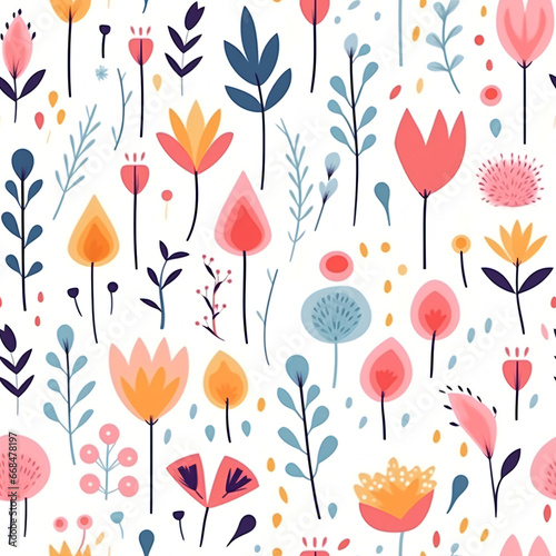 Seamless pattern with flowers and leaves on white background © boonsom