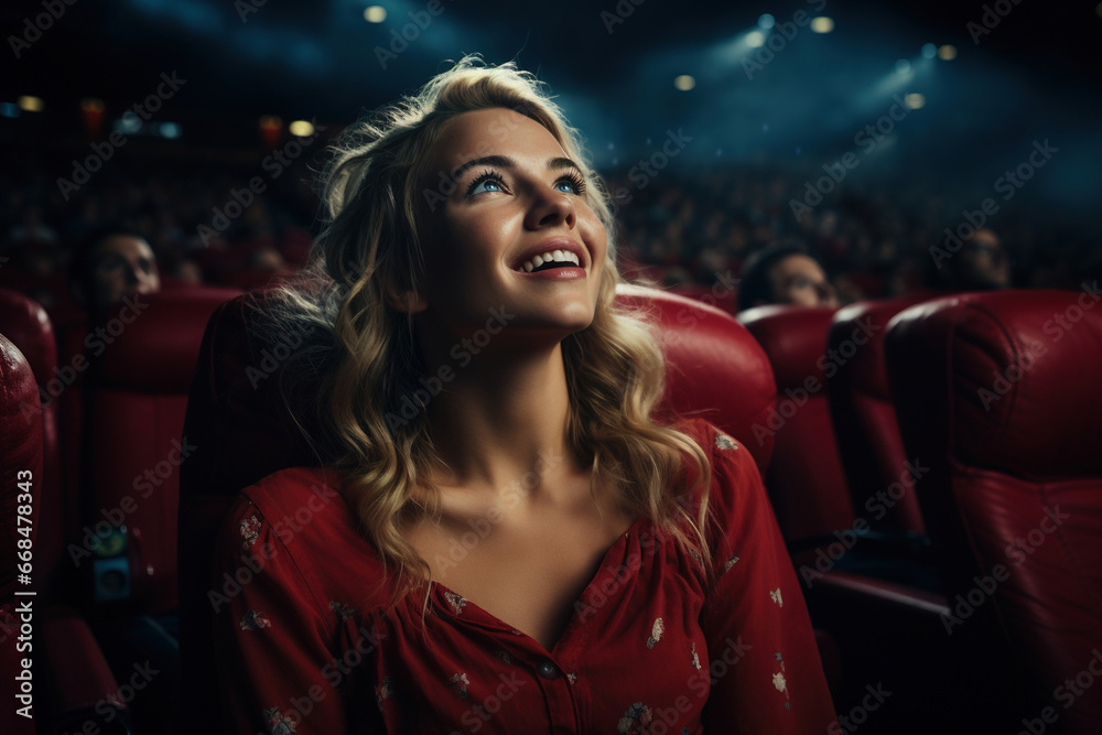 Portrait of a positive surprised young woman watching a movie in a cinema, wow emotion. Entertainment, leisure