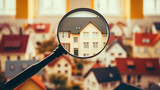 Searching housepurchase.Rental housing market..magnifying glass in front of house