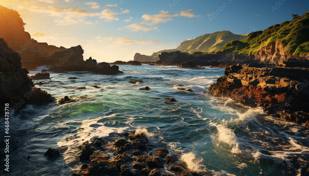 Sunset over the coastline, waves crash on rocky cliffs generated by AI