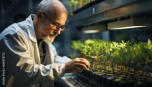 One mature scientist examining plant growth in organic greenhouse generated by AI