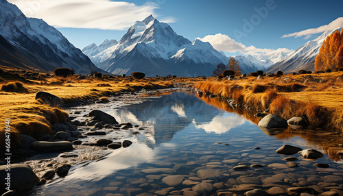 Majestic mountain peak reflects tranquil blue sky in serene landscape generated by AI