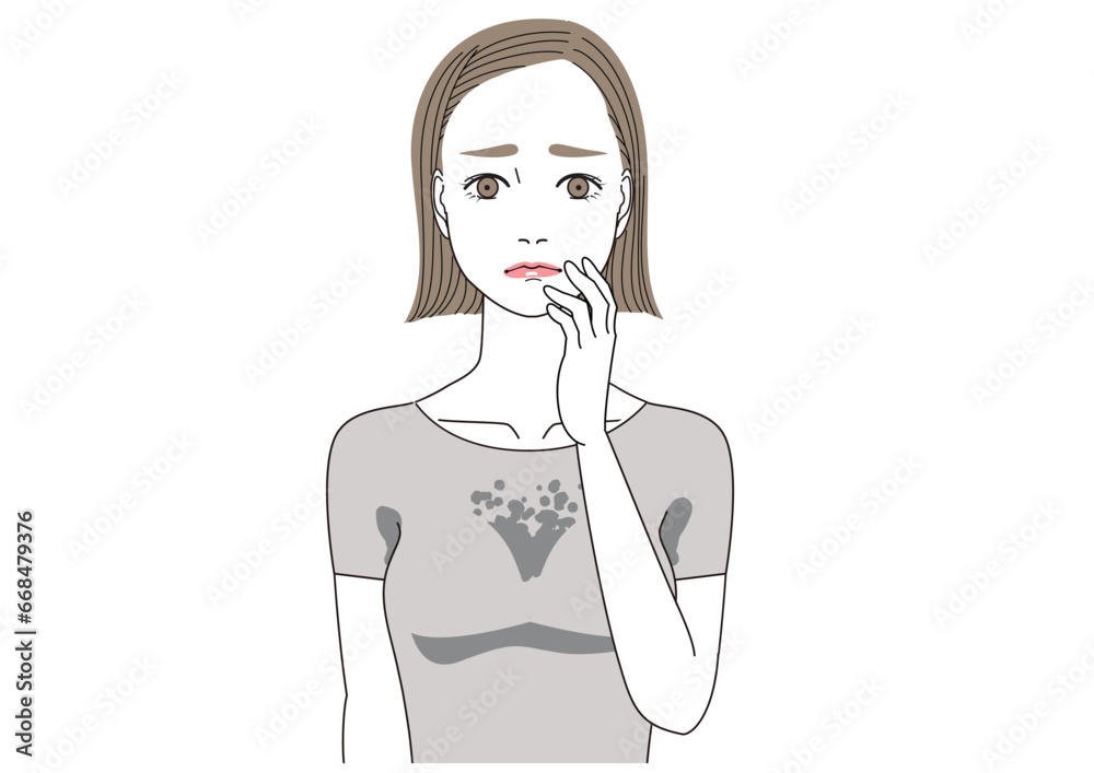 グレーの服を着て、胸元の汗ジミに困っている女性 グレーの服を着て、胸元の汗ジミに困っている女性