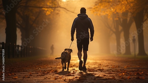relaxing with dog by jogging together in the morning sunrise at park.