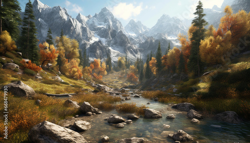 Autumn landscape majestic mountain peak, yellow leaves, tranquil meadow generated by AI