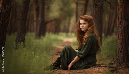 A young woman sitting in a forest, looking at the camera generated by AI