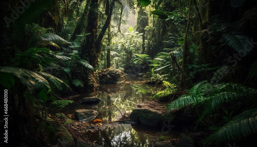 Tranquil scene of green forest, tropical rainforest, and flowing water generated by AI