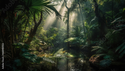 Mysterious tropical rainforest  a dark and foggy landscape of beauty generated by AI