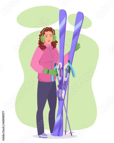 Woman in pink jacket with ski. Flat vector illustration. Winter sport, hobby, entertainment concept