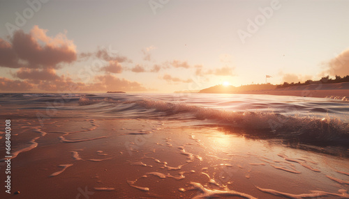 Sunset over the tranquil coastline, a golden beauty in nature generated by AI