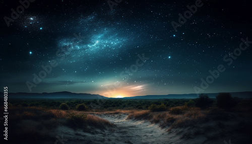 Milky Way illuminates night sky, revealing majestic mountain landscape generated by AI © Stockgiu