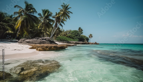 Idyllic tropical coastline  palm trees sway  turquoise waters  serene paradise generated by AI