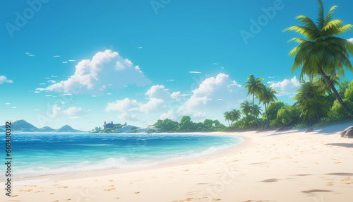 Tropical coastline, turquoise waters, palm trees, and tranquil beauty generated by AI