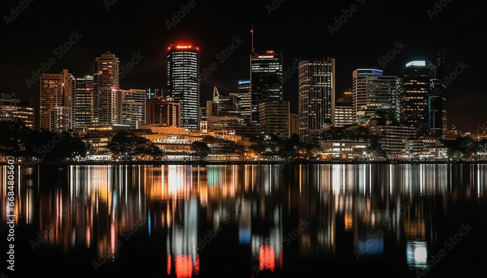 Night skyline reflects in water, illuminating modern city architecture generated by AI